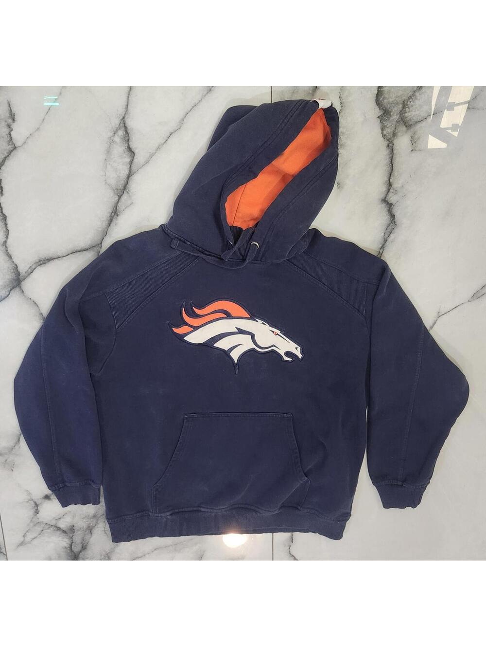 Vntg NFL Broncos Hoodie Men’s Large Blue Orange Embroidered Y2K